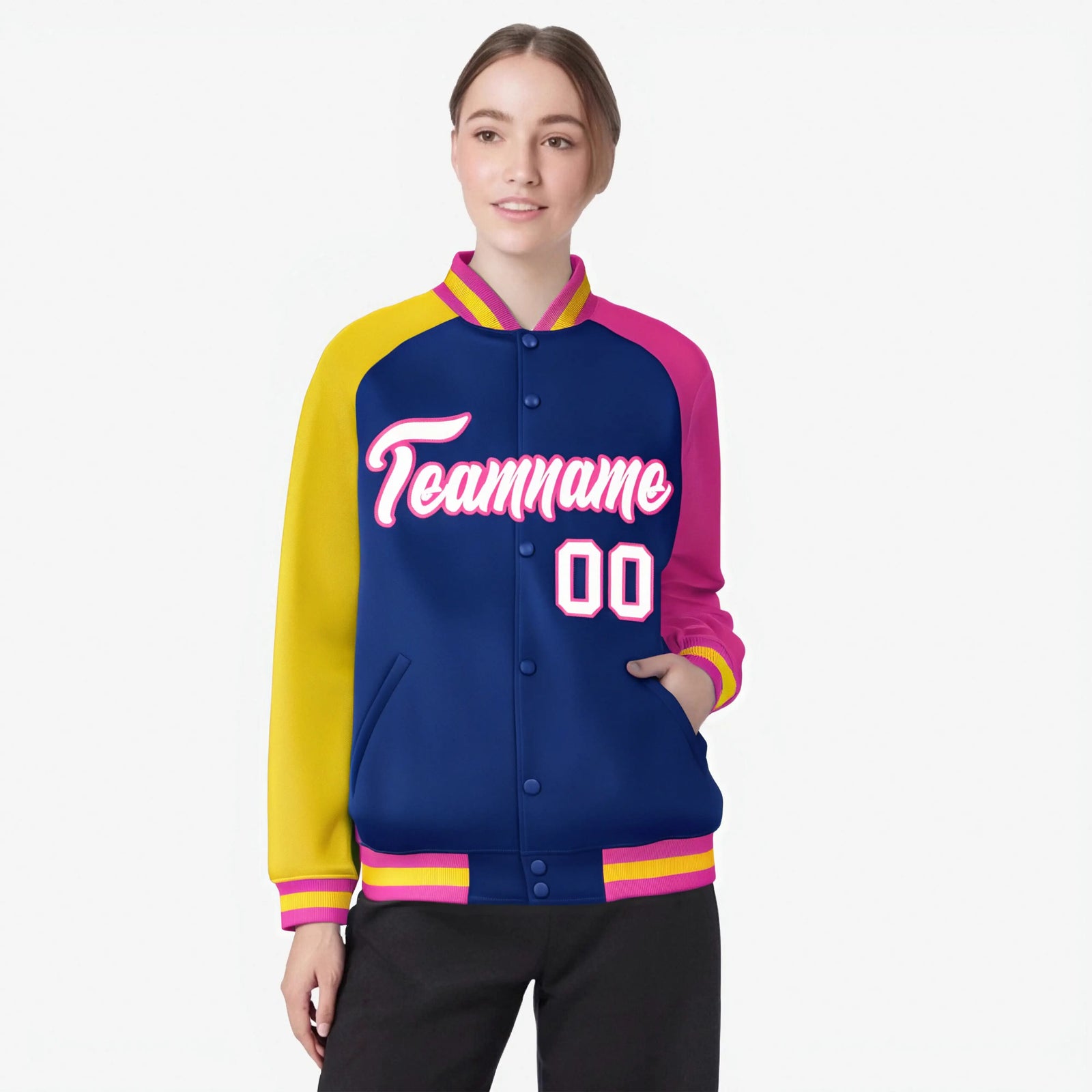 Custom Royal Blue Pink-Gold Raglan Sleeves Varsity Full-Snap Letterman Jacket