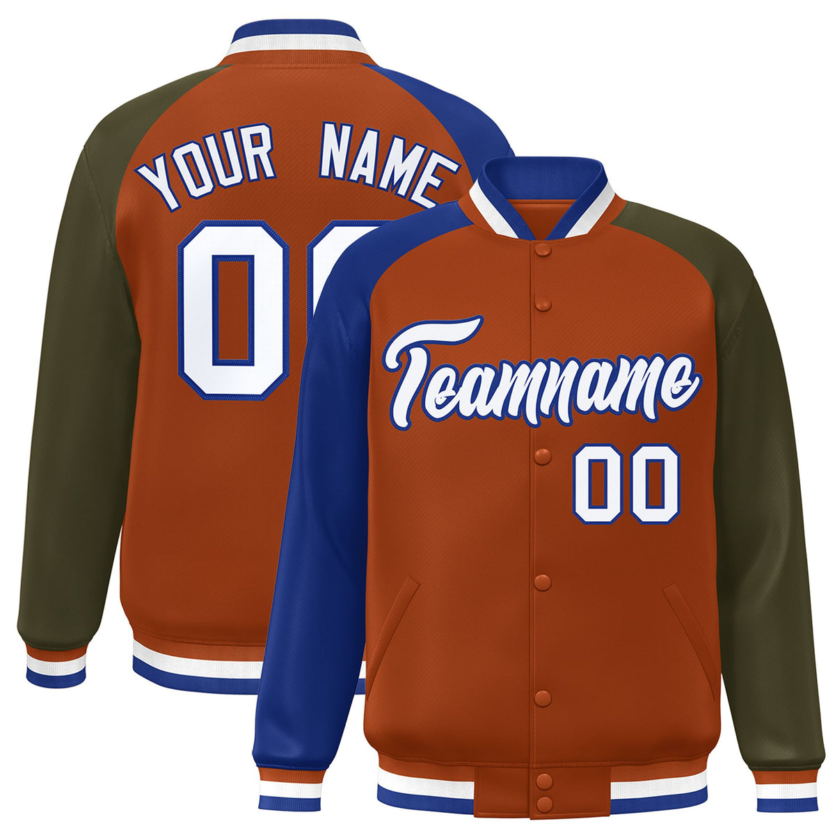 Custom Munsell Olive-Royal Blue Raglan Sleeves Varsity Full-Snap Letterman Jacket