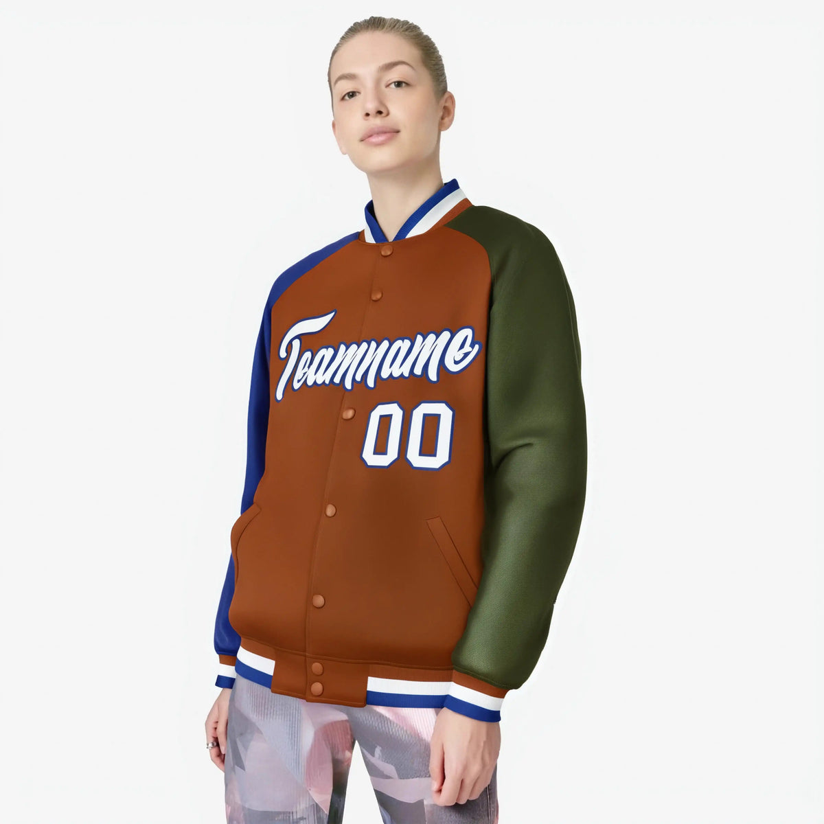 Custom Munsell Olive-Royal Blue Raglan Sleeves Varsity Full-Snap Letterman Jacket