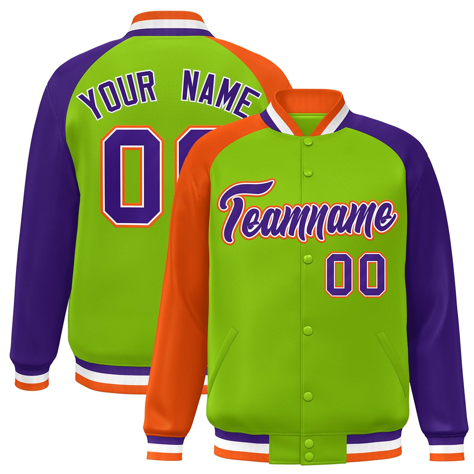 Custom Neon Green Purple-Orange Raglan Sleeves Varsity Full-Snap Letterman Jacket