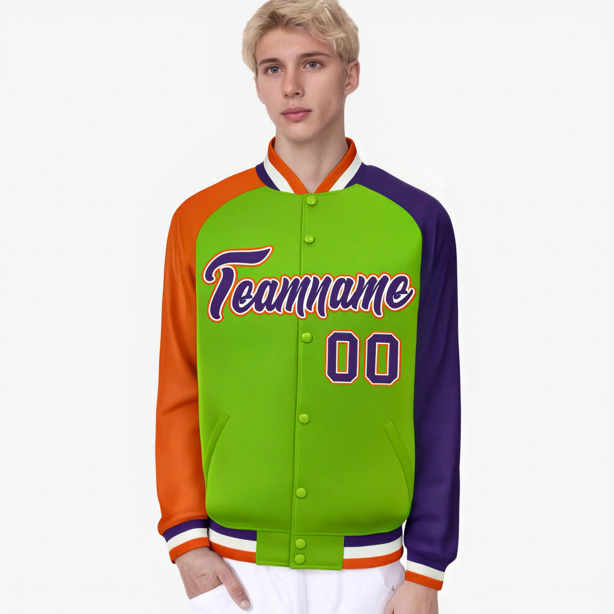 Custom Neon Green Purple-Orange Raglan Sleeves Varsity Full-Snap Letterman Jacket