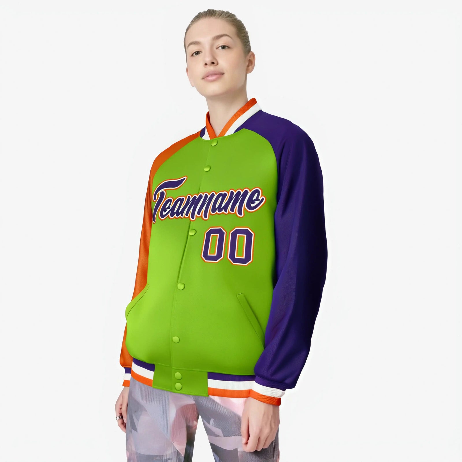 Custom Neon Green Purple-Orange Raglan Sleeves Varsity Full-Snap Letterman Jacket