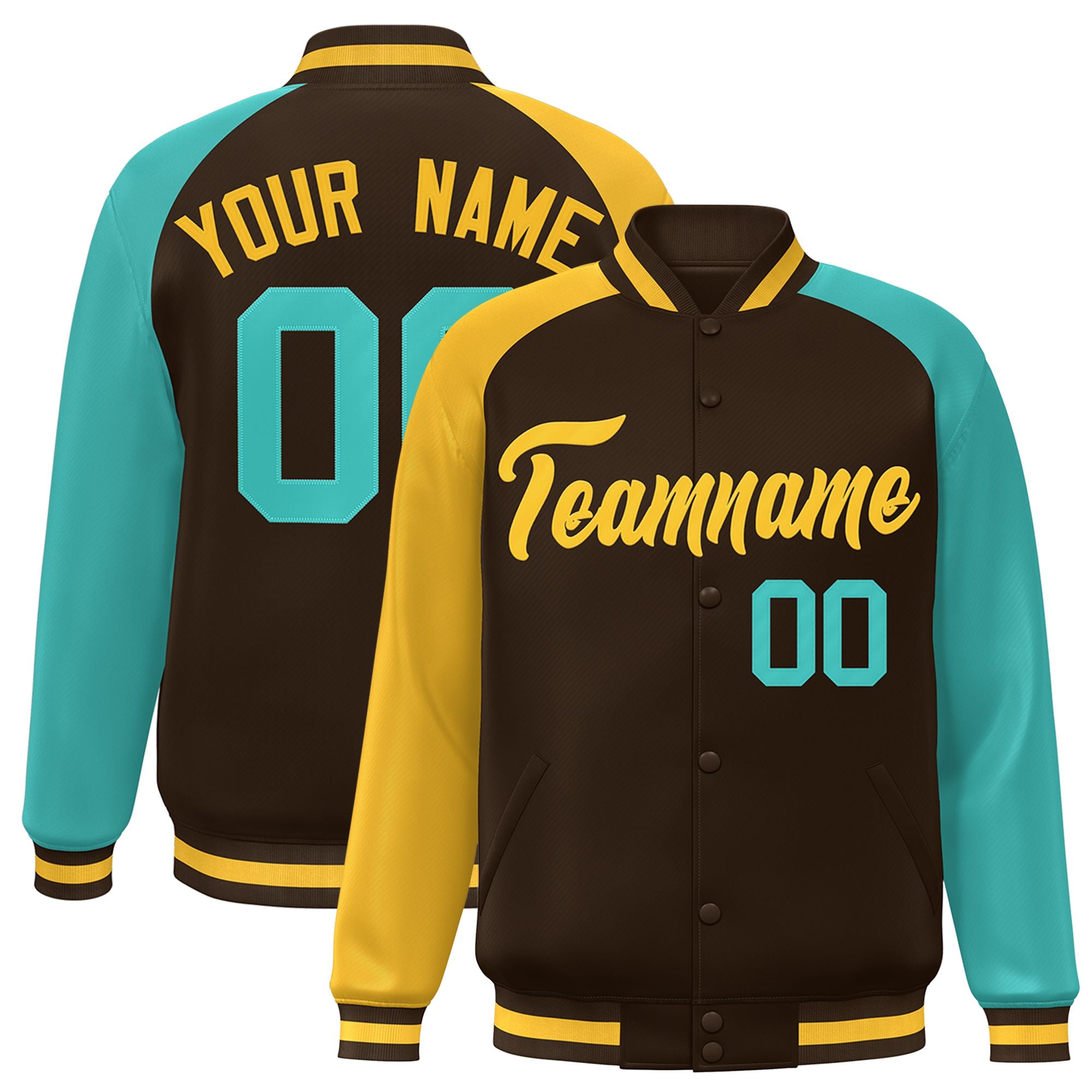 Custom Brown Olive-Gold Raglan Sleeves Varsity Full-Snap Letterman Jacket