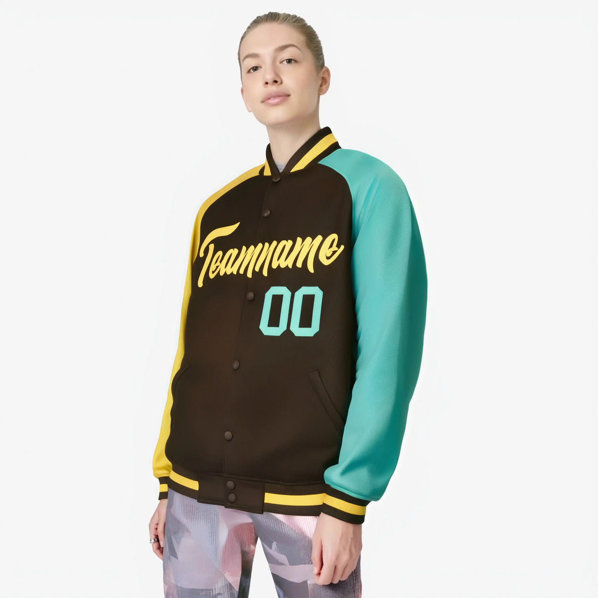 Custom Brown Olive-Gold Raglan Sleeves Varsity Full-Snap Letterman Jacket