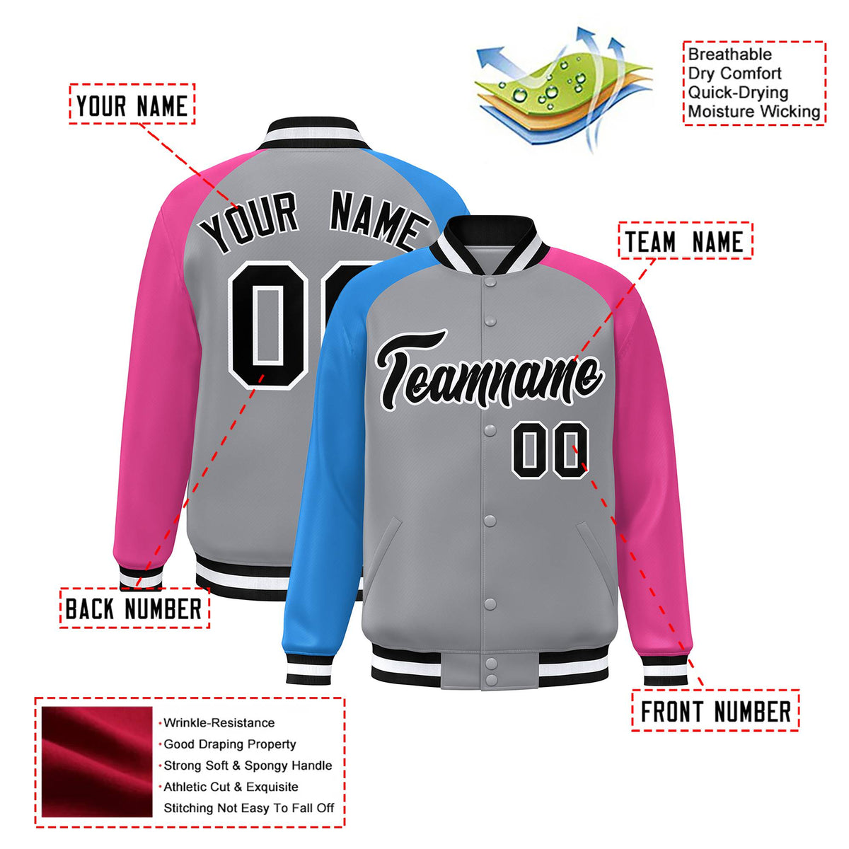 Custom Gray Pink-Powder Blue Raglan Sleeves Varsity Full-Snap Letterman Jacket