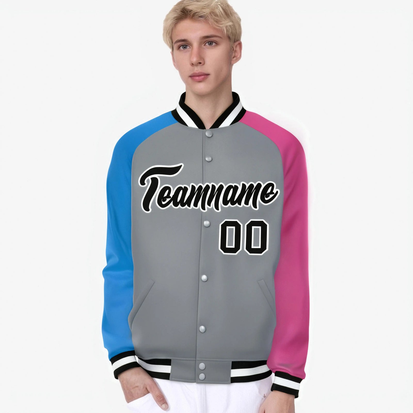 Custom Gray Pink-Powder Blue Raglan Sleeves Varsity Full-Snap Letterman Jacket