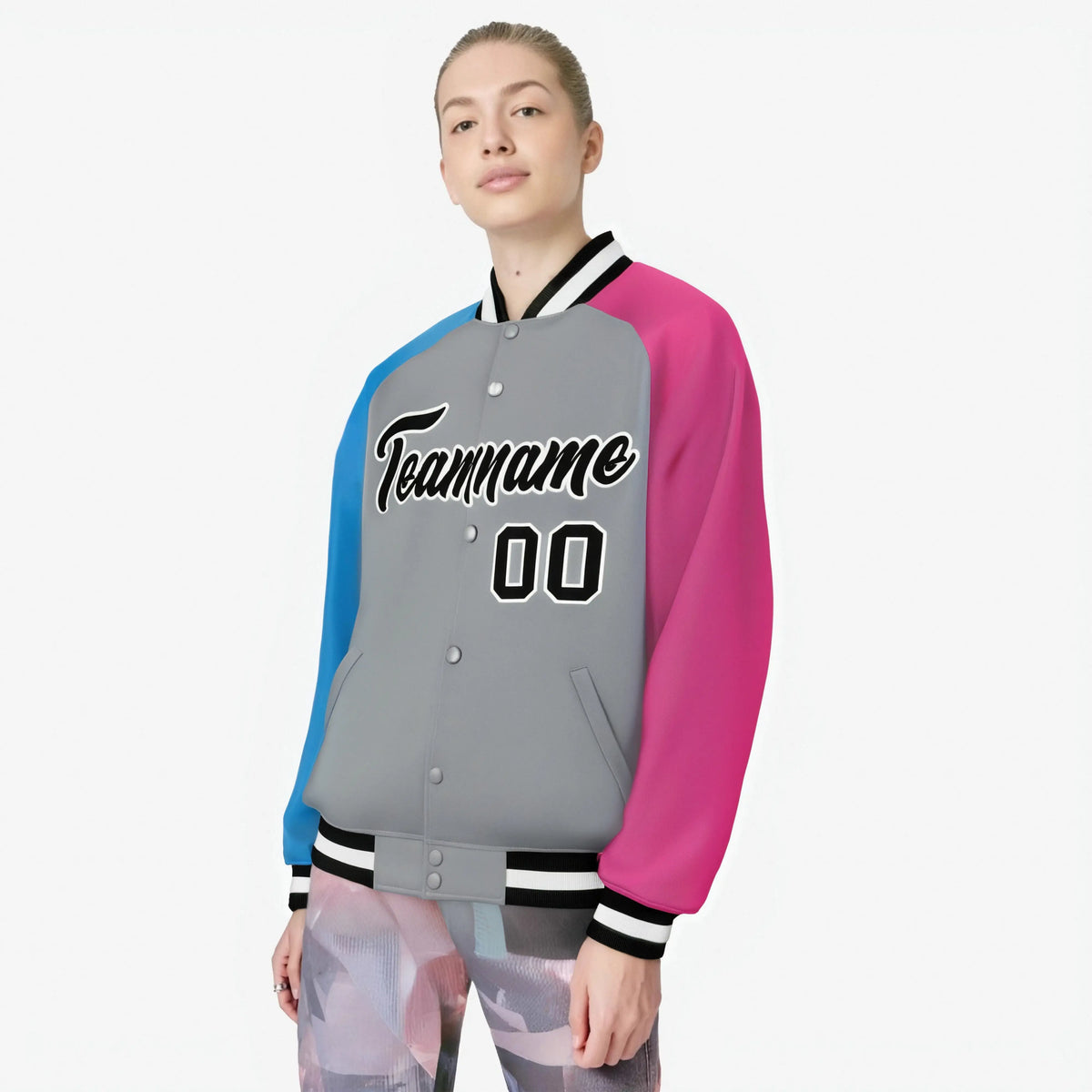 Custom Gray Pink-Powder Blue Raglan Sleeves Varsity Full-Snap Letterman Jacket