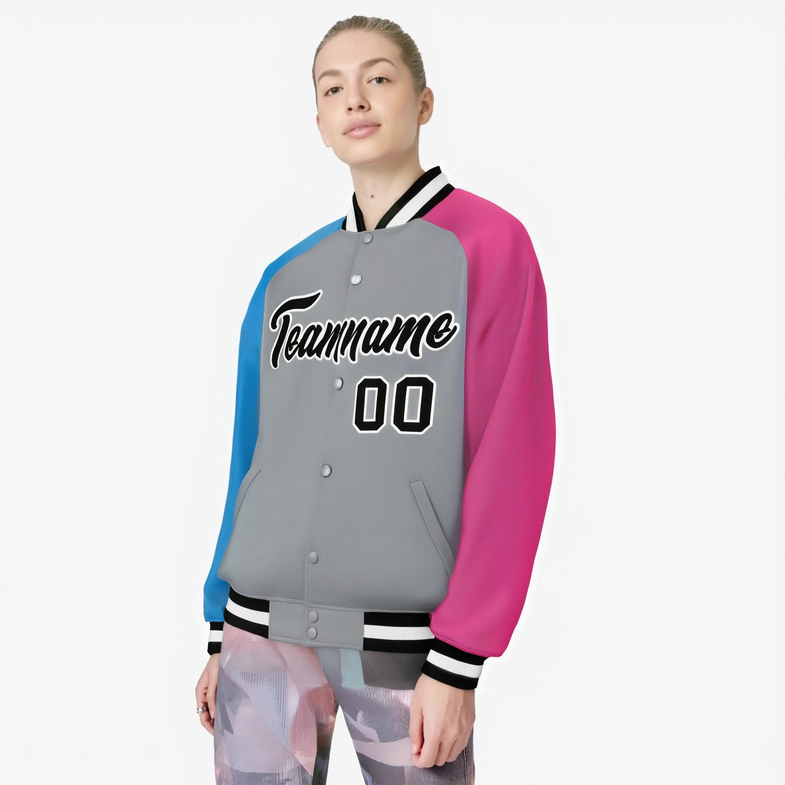 Custom Gray Pink-Powder Blue Raglan Sleeves Varsity Full-Snap Letterman Jacket