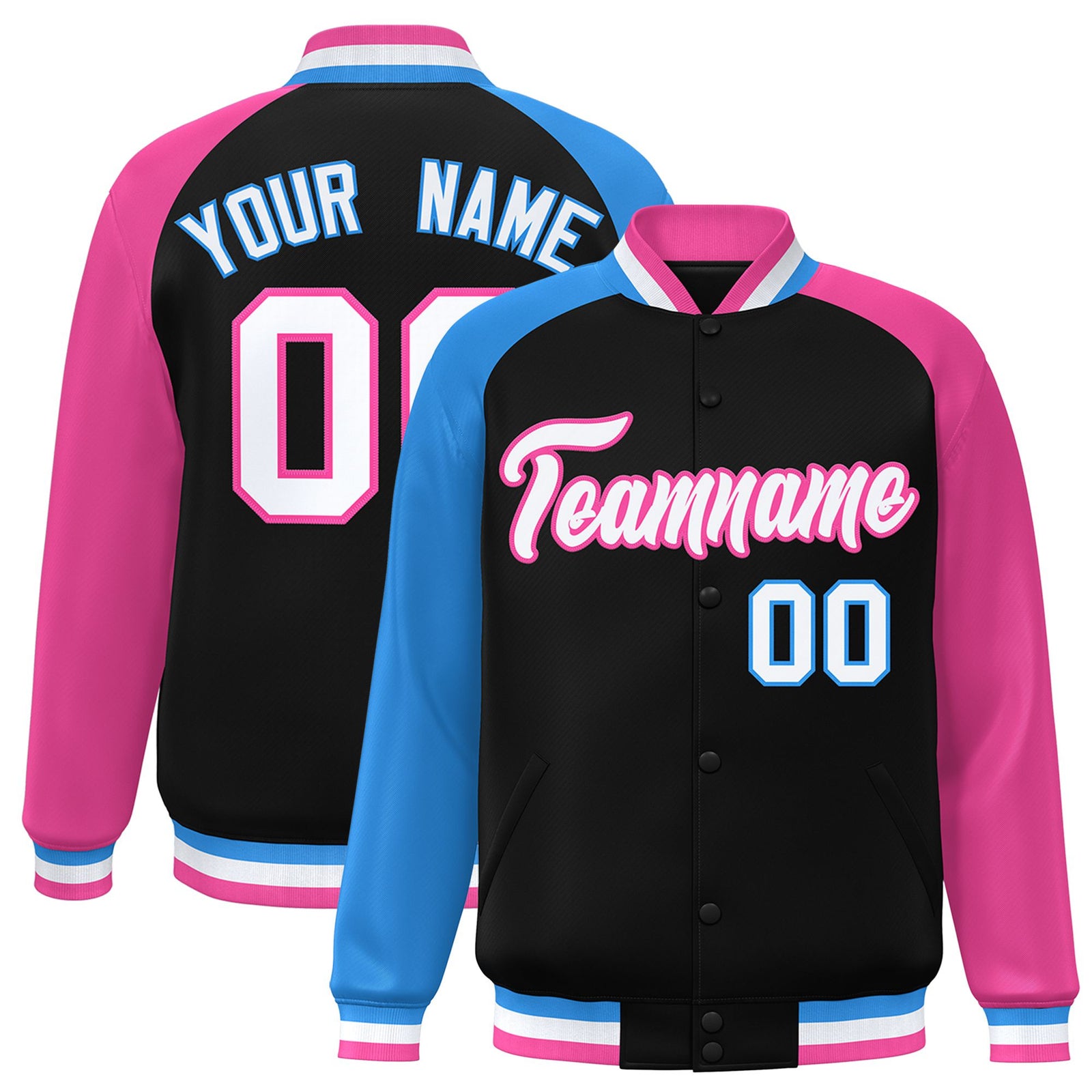 Custom Black Pink-Powder Blue Raglan Sleeves Varsity Full-Snap Letterman Jacket