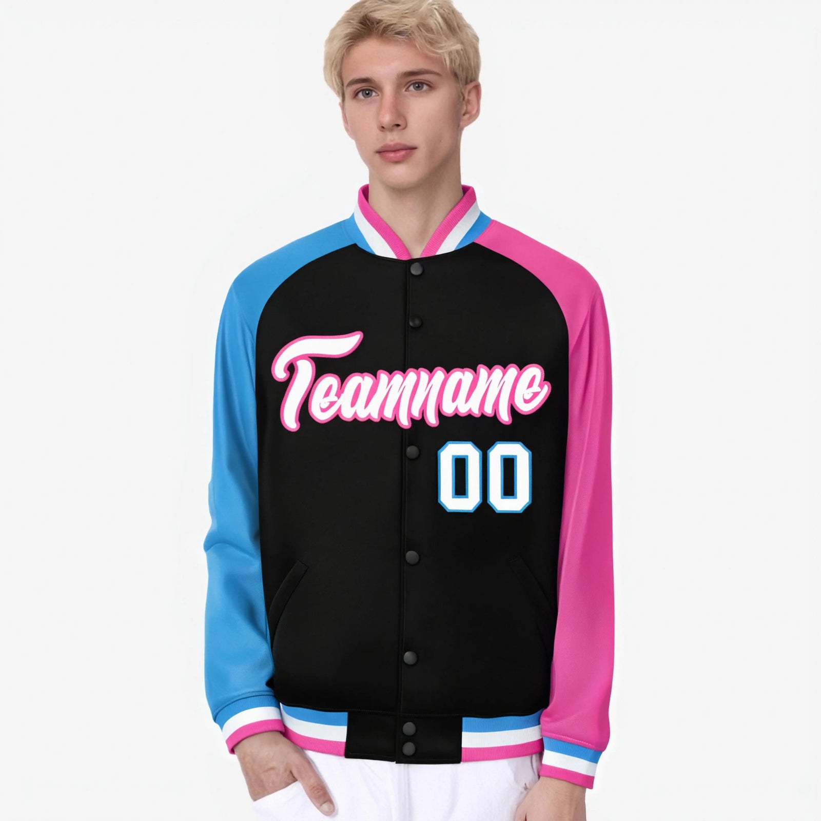 Custom Black Pink-Powder Blue Raglan Sleeves Varsity Full-Snap Letterman Jacket
