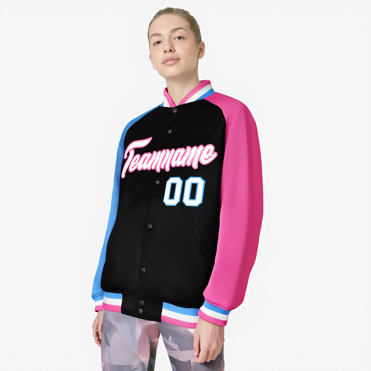 Custom Black Pink-Powder Blue Raglan Sleeves Varsity Full-Snap Letterman Jacket