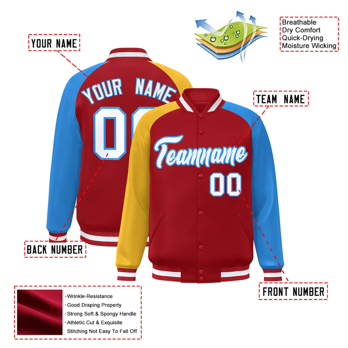 Custom Red Powder Blue-Gold Raglan Sleeves Varsity Full-Snap Letterman Jacket