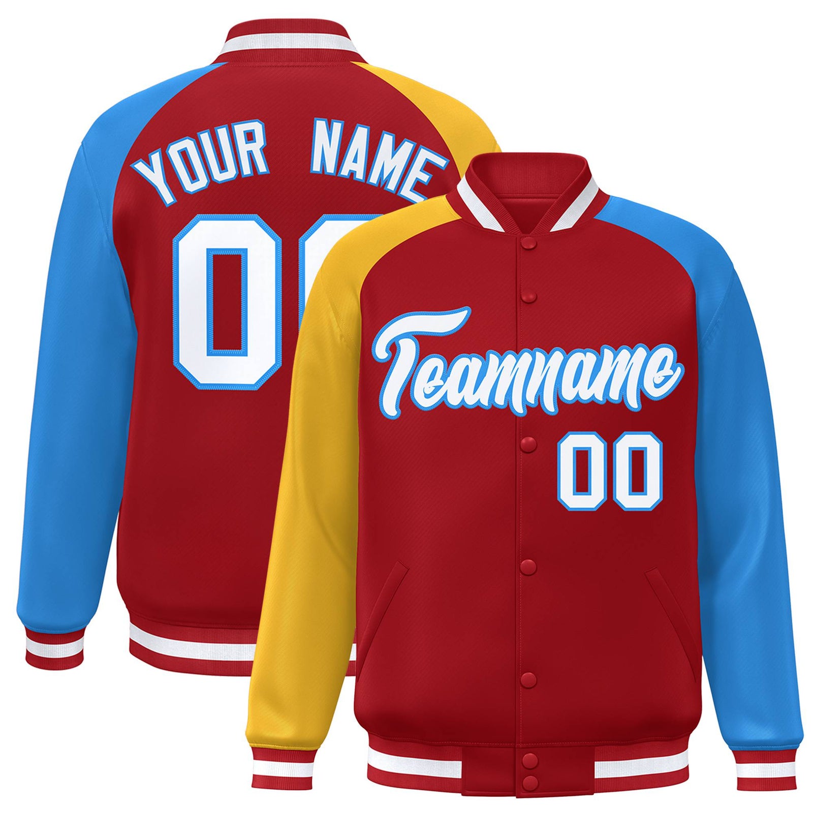 Custom Red Powder Blue-Gold Raglan Sleeves Varsity Full-Snap Letterman Jacket