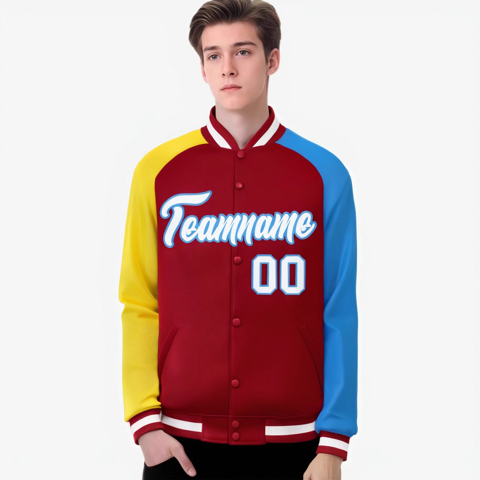 Custom Red Powder Blue-Gold Raglan Sleeves Varsity Full-Snap Letterman Jacket
