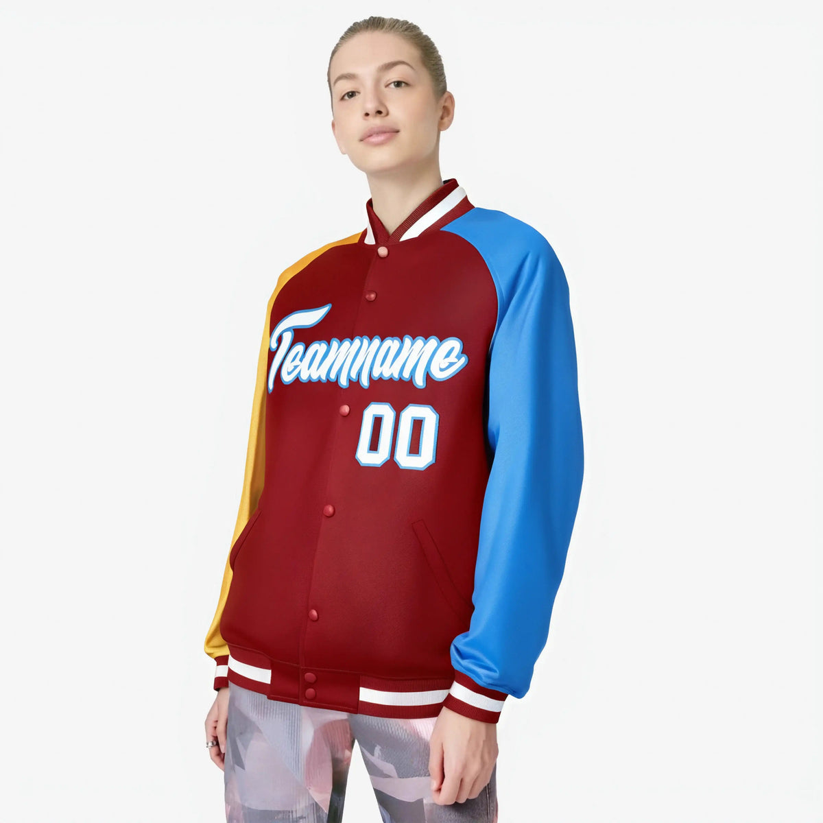 Custom Red Powder Blue-Gold Raglan Sleeves Varsity Full-Snap Letterman Jacket
