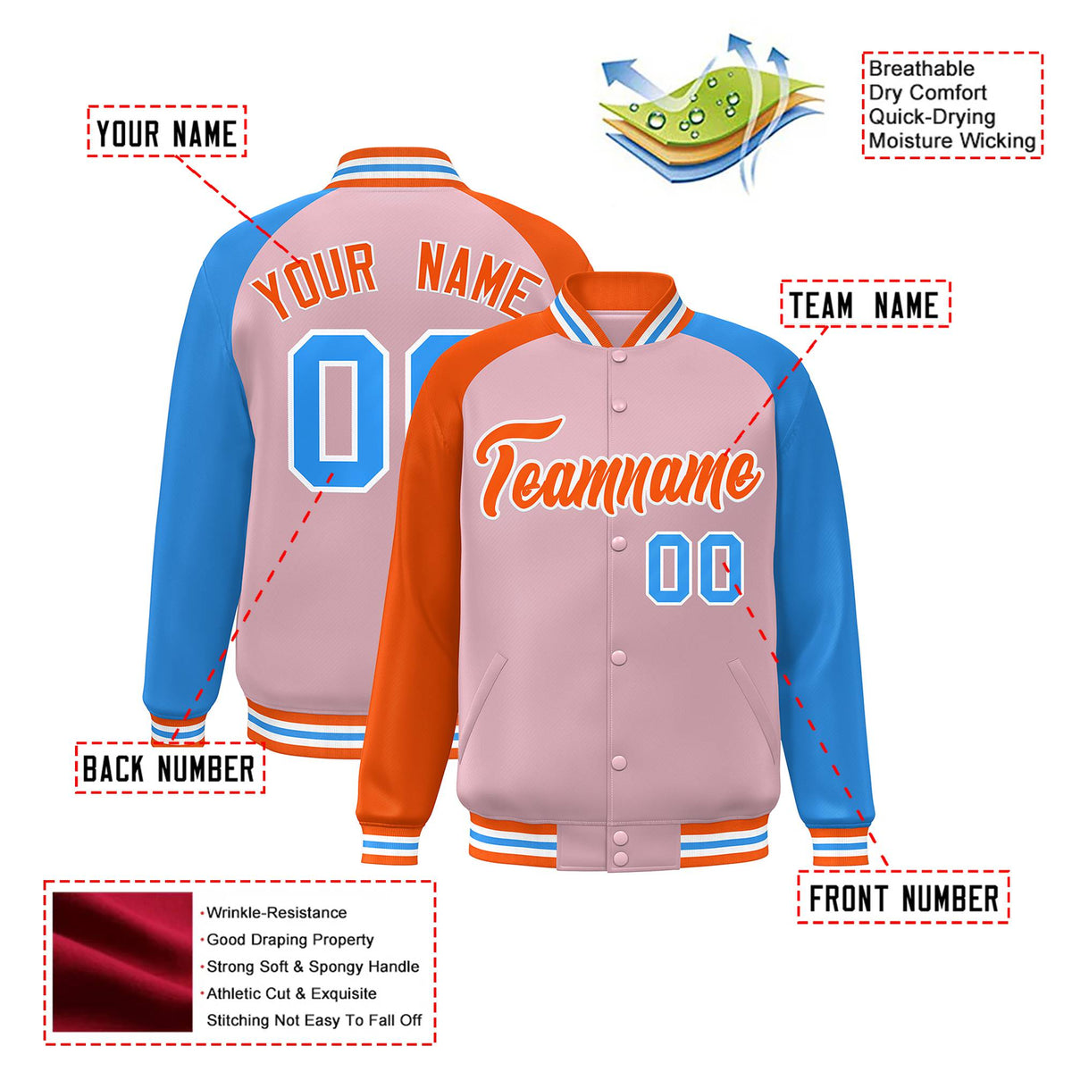 Custom Light Pink Powder Blue-Orange Raglan Sleeves Varsity Full-Snap Letterman Jacket