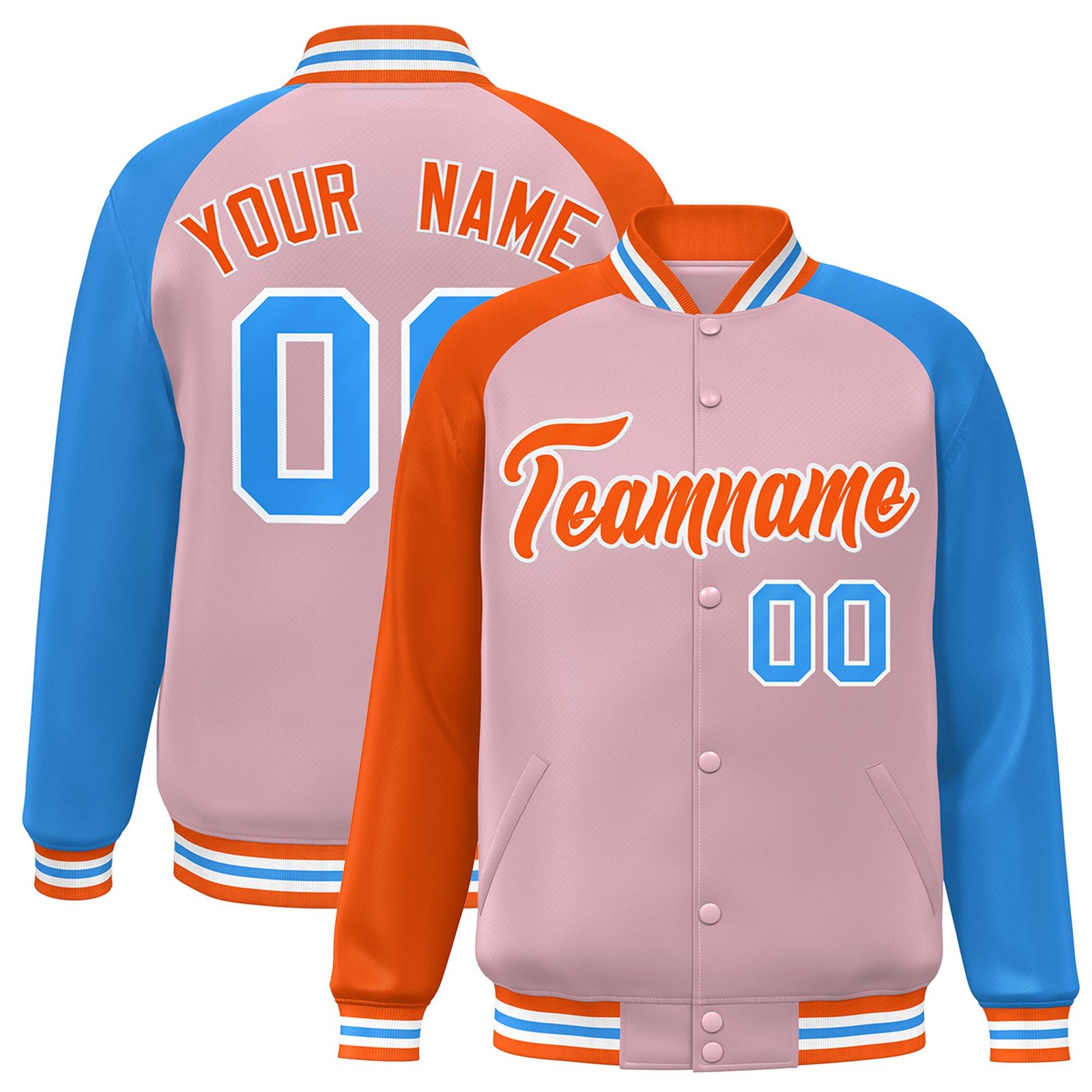 Custom Light Pink Powder Blue-Orange Raglan Sleeves Varsity Full-Snap Letterman Jacket