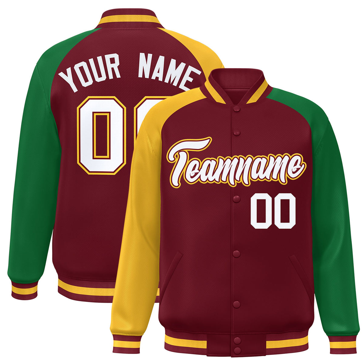 Custom Crimson Kelly Green-Gold Raglan Sleeves Varsity Full-Snap Letterman Jacket
