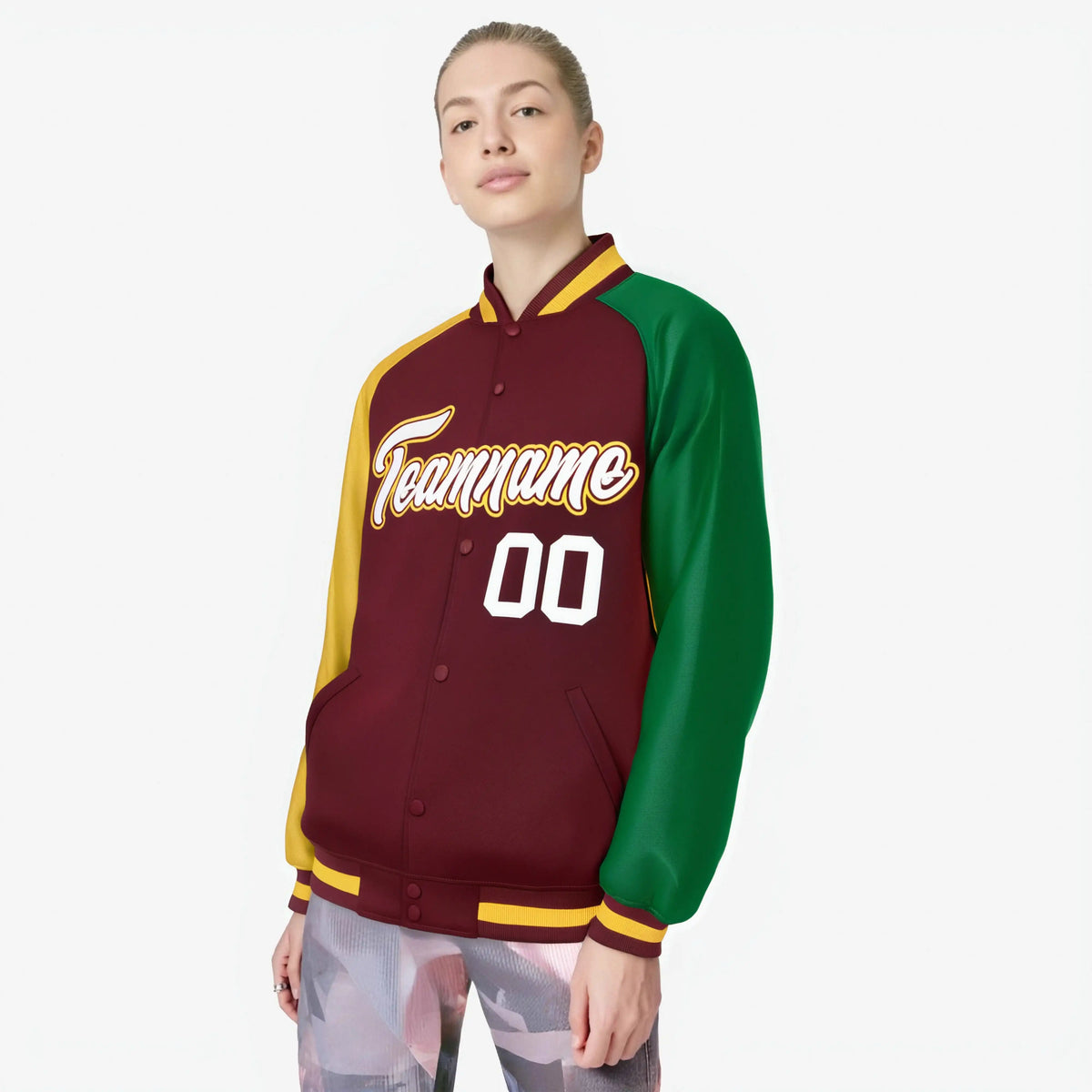 Custom Crimson Kelly Green-Gold Raglan Sleeves Varsity Full-Snap Letterman Jacket