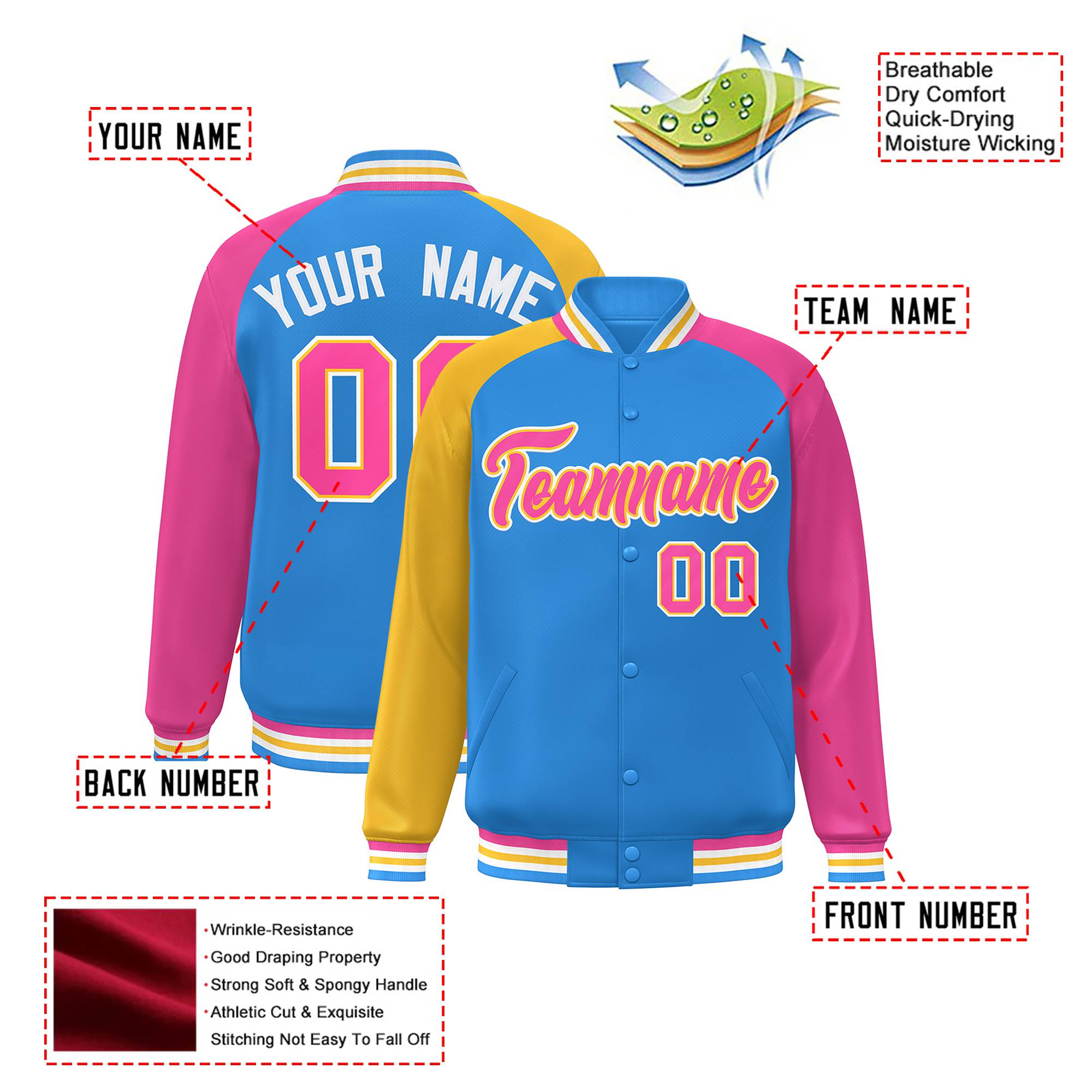 Custom Powder Blue Pink-Gold Raglan Sleeves Varsity Full-Snap Letterman Jacket