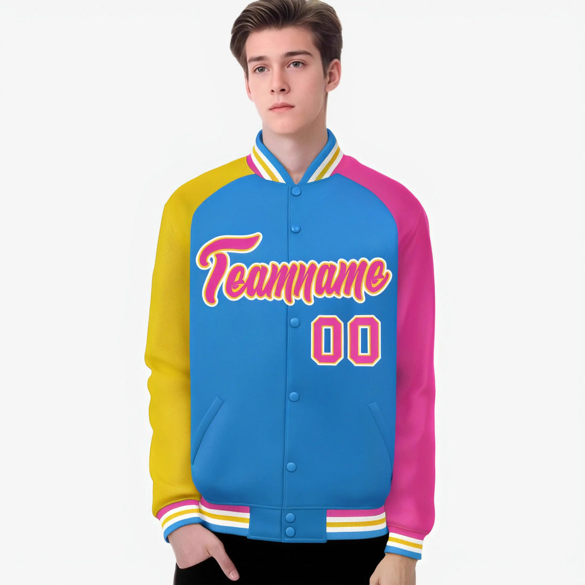 Custom Powder Blue Pink-Gold Raglan Sleeves Varsity Full-Snap Letterman Jacket