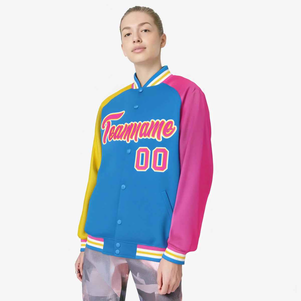 Custom Powder Blue Pink-Gold Raglan Sleeves Varsity Full-Snap Letterman Jacket