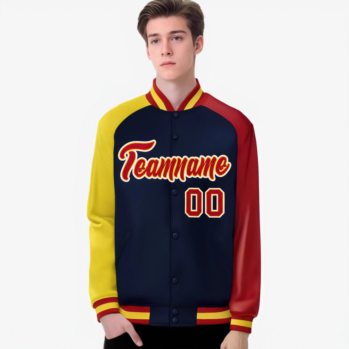 Custom Navy Red-Gold Raglan Sleeves Varsity Full-Snap Letterman Jacket