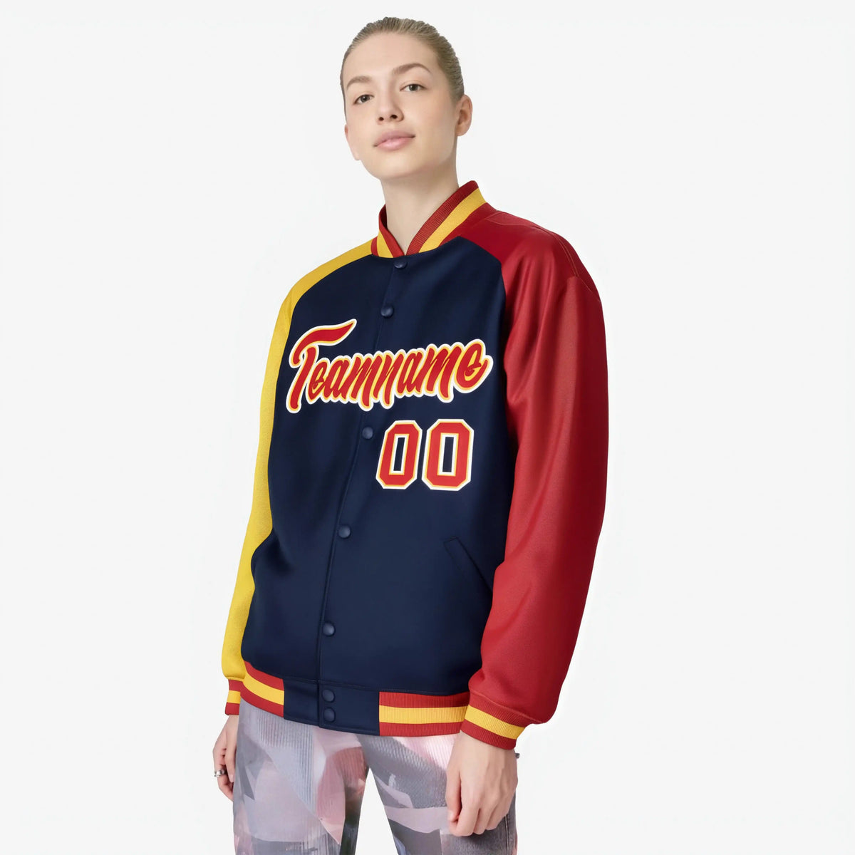 Custom Navy Red-Gold Raglan Sleeves Varsity Full-Snap Letterman Jacket
