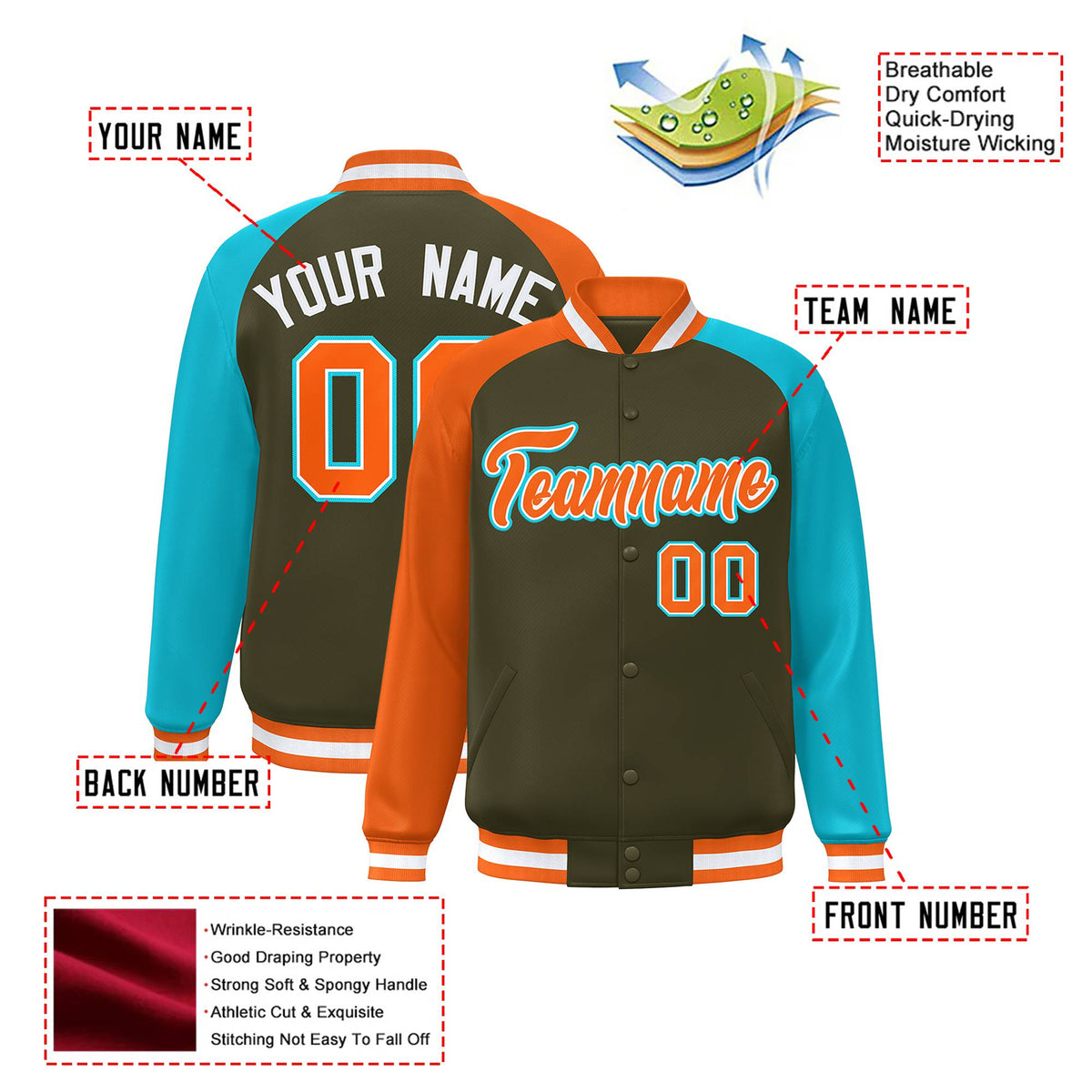 Custom Olive Aqua-Orange Raglan Sleeves Varsity Full-Snap Letterman Jacket