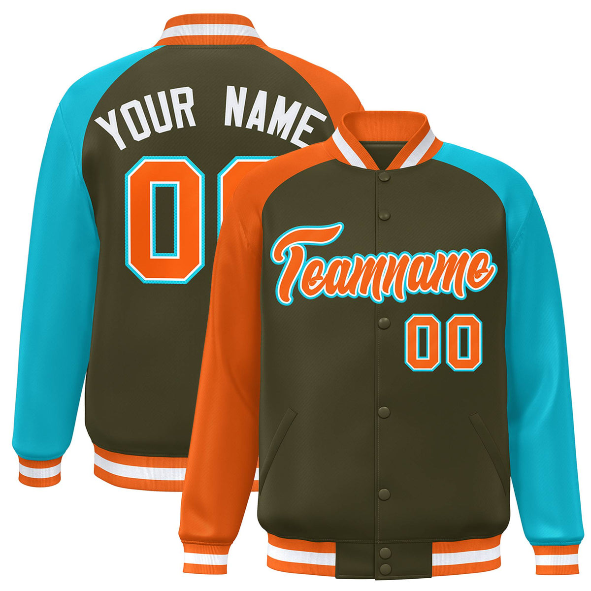 Custom Olive Aqua-Orange Raglan Sleeves Varsity Full-Snap Letterman Jacket