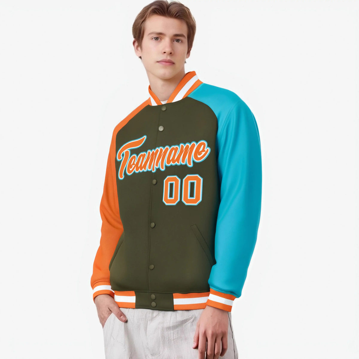 Custom Olive Aqua-Orange Raglan Sleeves Varsity Full-Snap Letterman Jacket