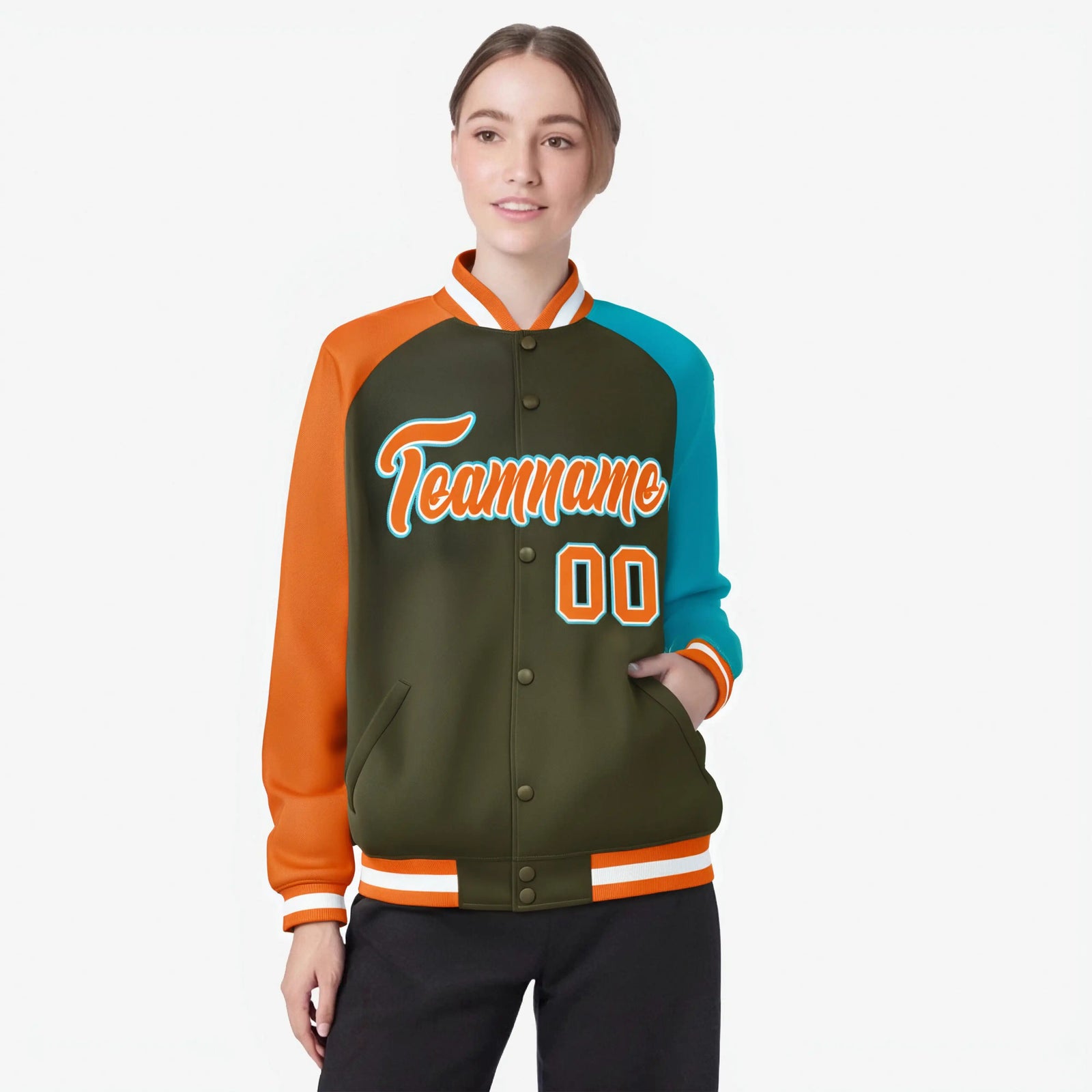 Custom Olive Aqua-Orange Raglan Sleeves Varsity Full-Snap Letterman Jacket