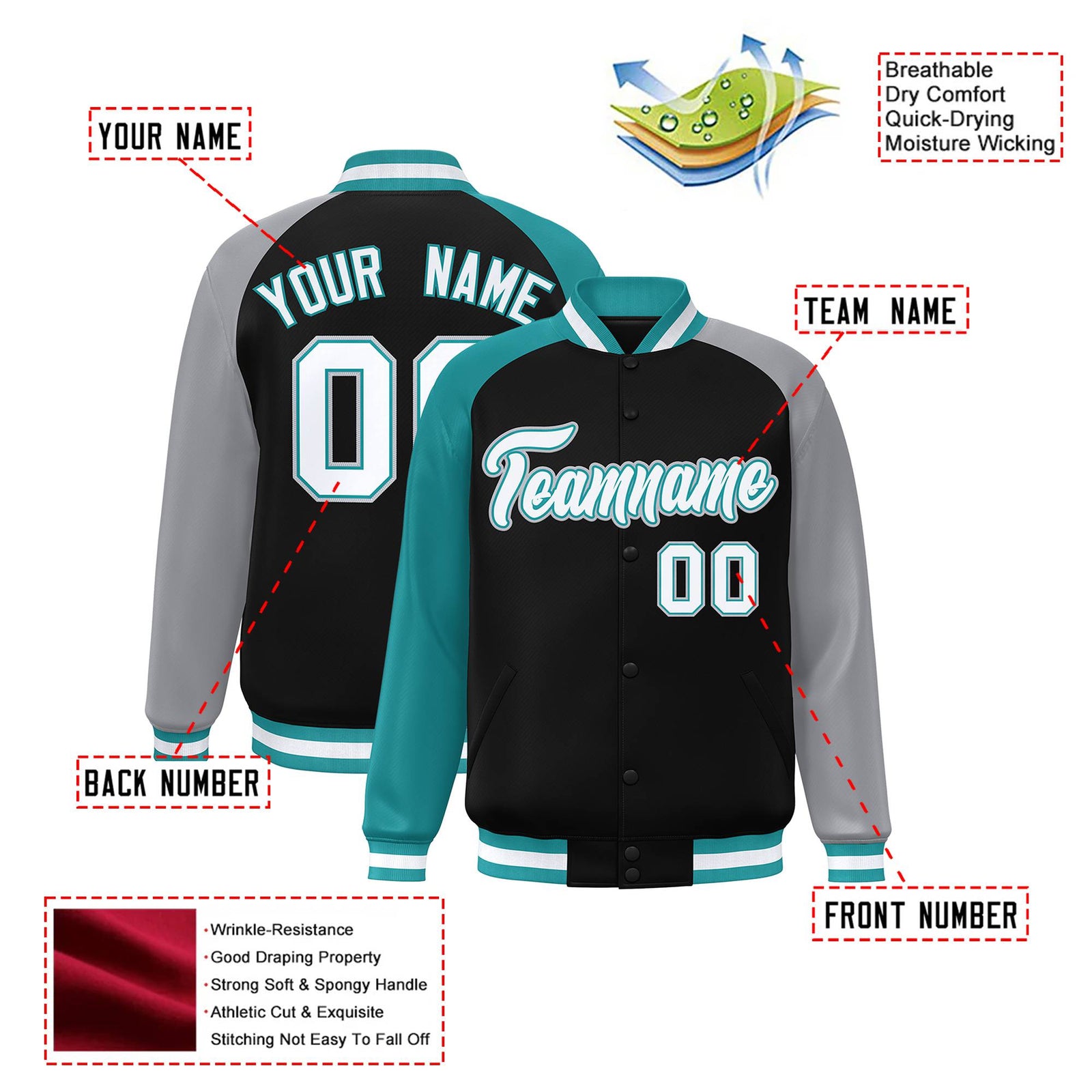 Custom Black Gray-Aqua Raglan Sleeves Varsity Full-Snap Letterman Jacket