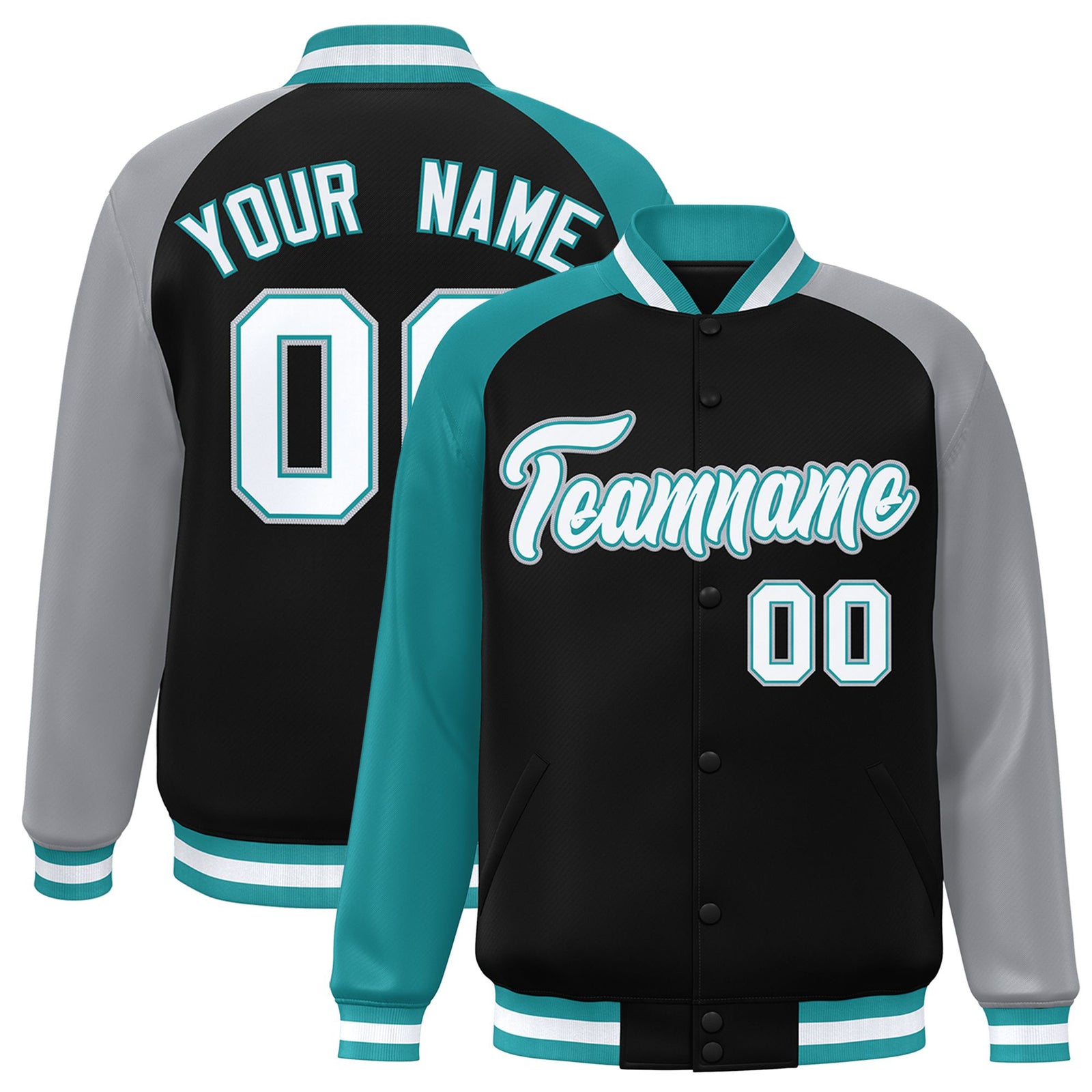Custom Black Gray-Aqua Raglan Sleeves Varsity Full-Snap Letterman Jacket