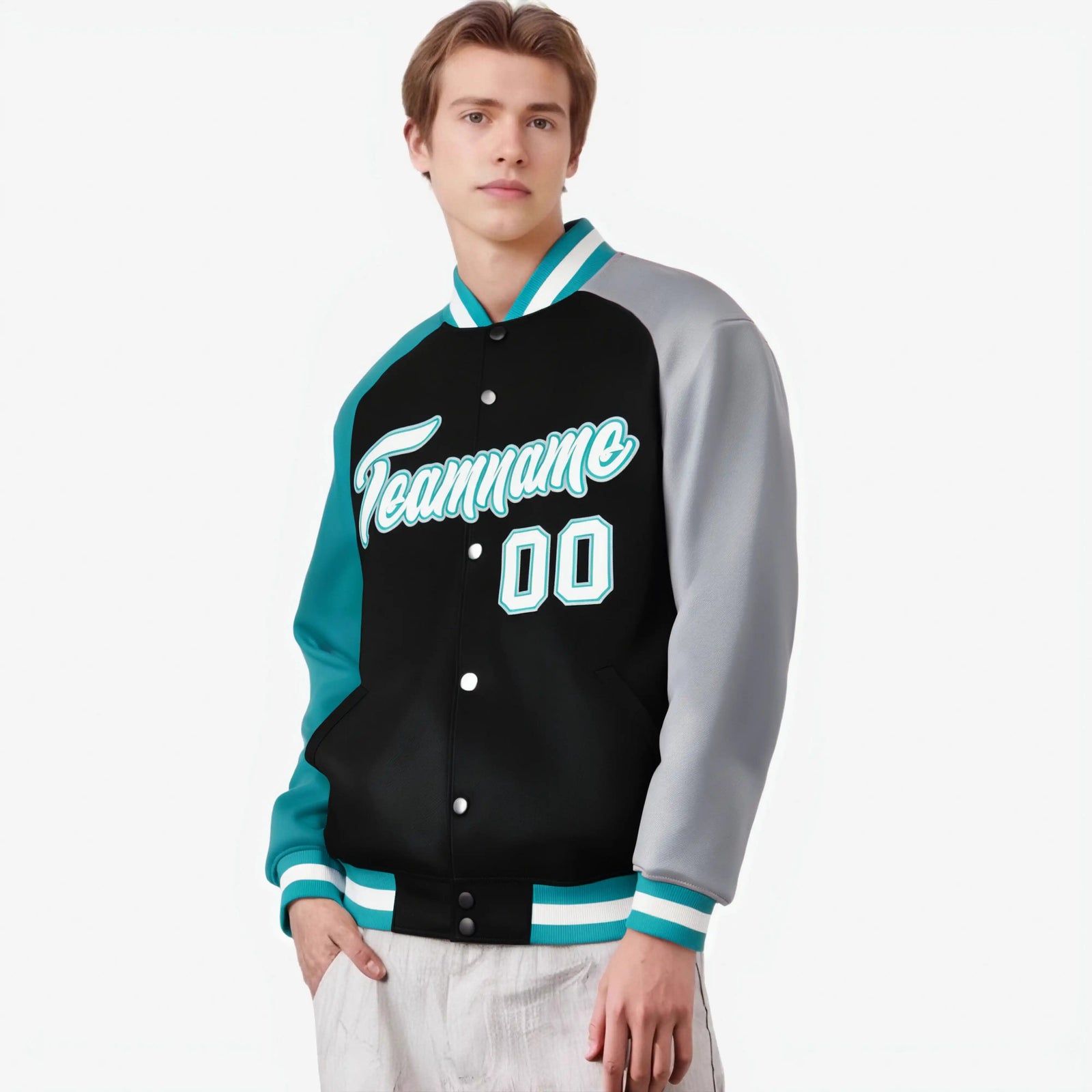 Custom Black Gray-Aqua Raglan Sleeves Varsity Full-Snap Letterman Jacket