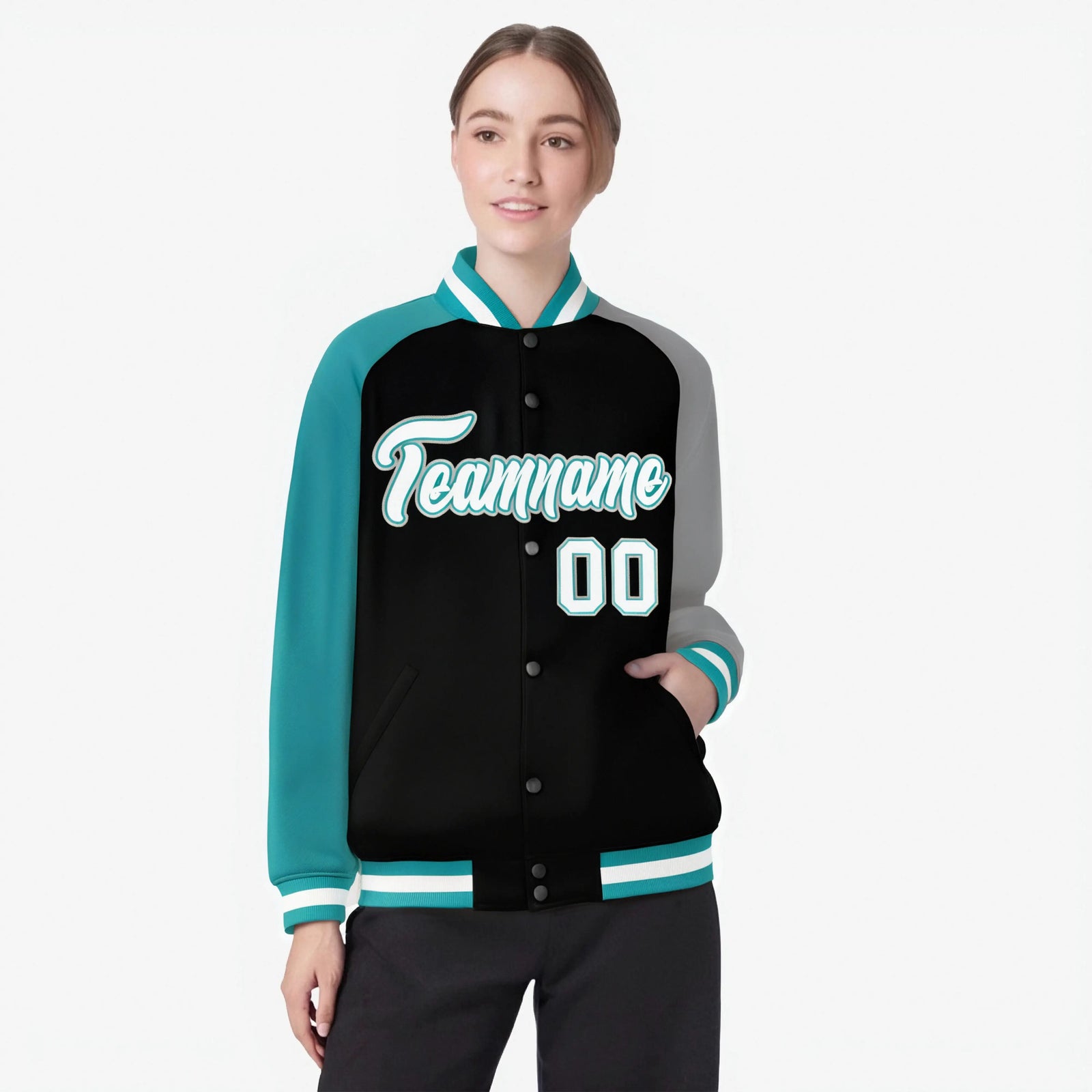 Custom Black Gray-Aqua Raglan Sleeves Varsity Full-Snap Letterman Jacket
