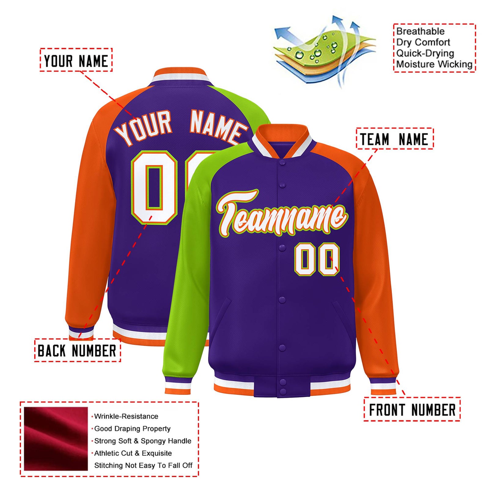 Custom Purple Orange-Neon Green Raglan Sleeves Varsity Full-Snap Letterman Jacket