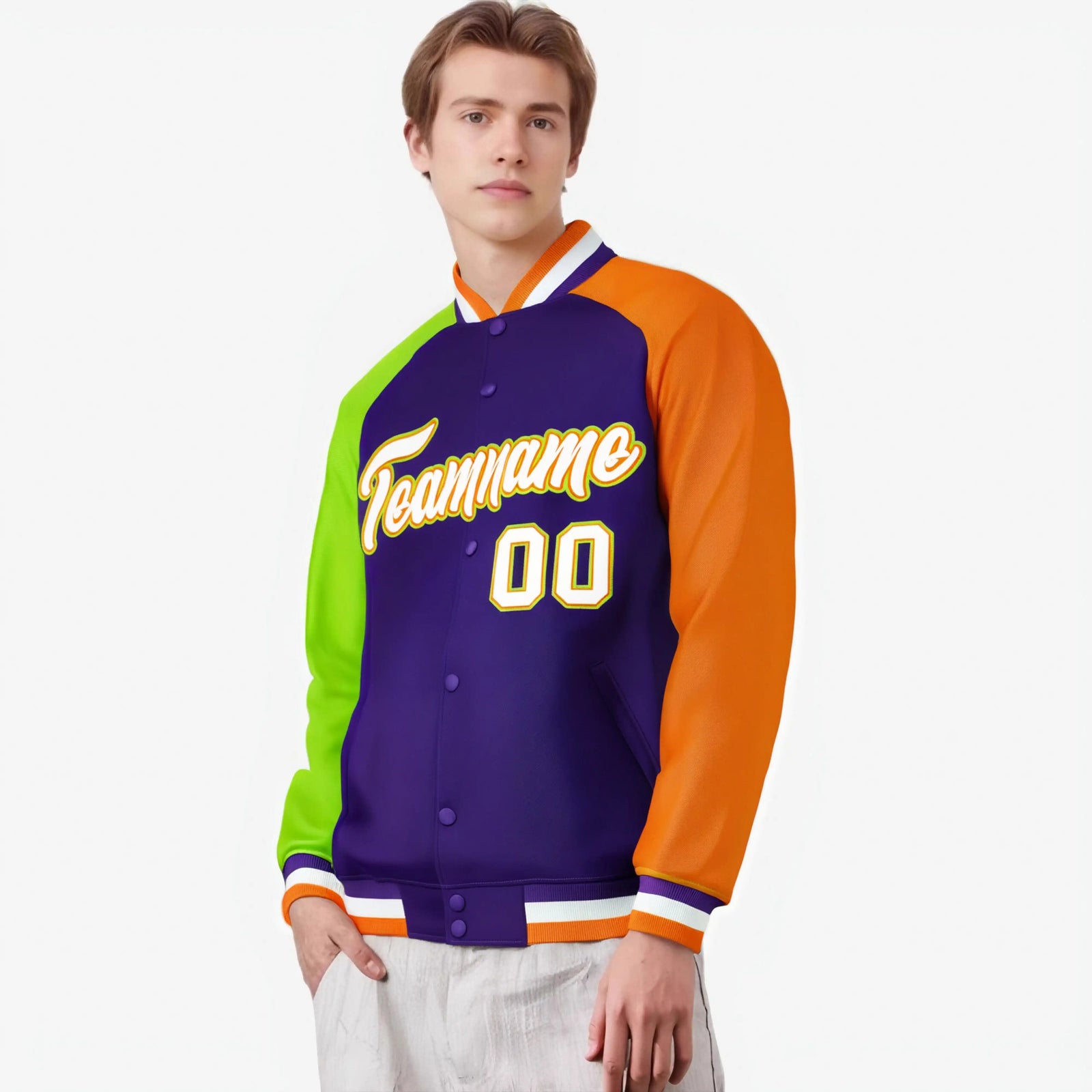 Custom Purple Orange-Neon Green Raglan Sleeves Varsity Full-Snap Letterman Jacket