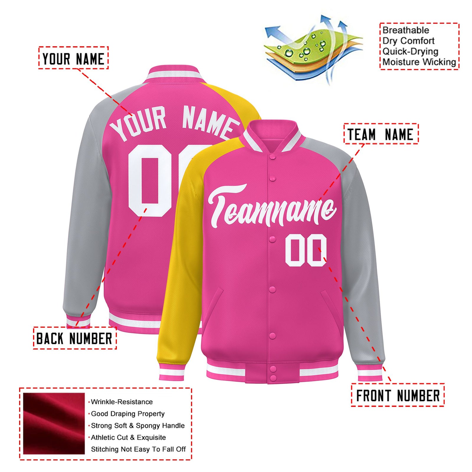 Custom Pink Gray-Gold Raglan Sleeves Varsity Full-Snap Letterman Jacket