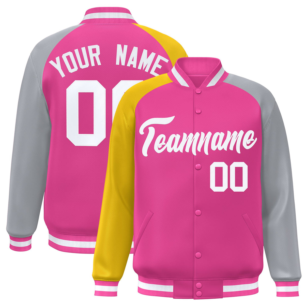 Custom Pink Gray-Gold Raglan Sleeves Varsity Full-Snap Letterman Jacket