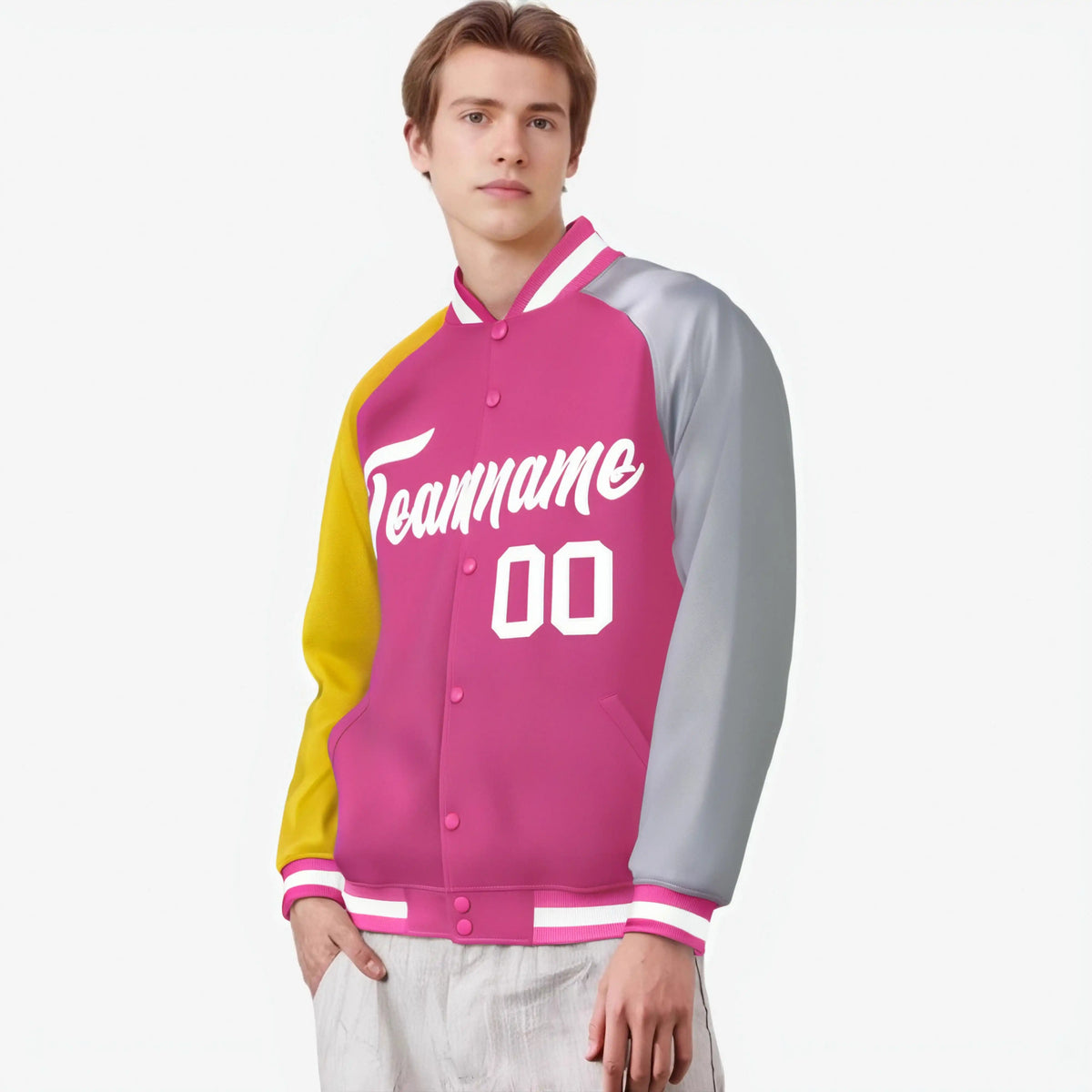 Custom Pink Gray-Gold Raglan Sleeves Varsity Full-Snap Letterman Jacket