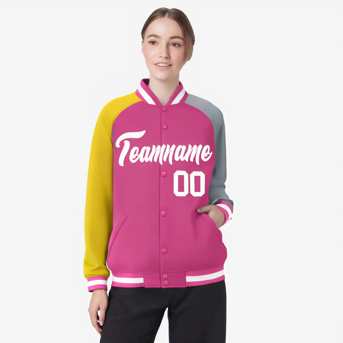 Custom Pink Gray-Gold Raglan Sleeves Varsity Full-Snap Letterman Jacket