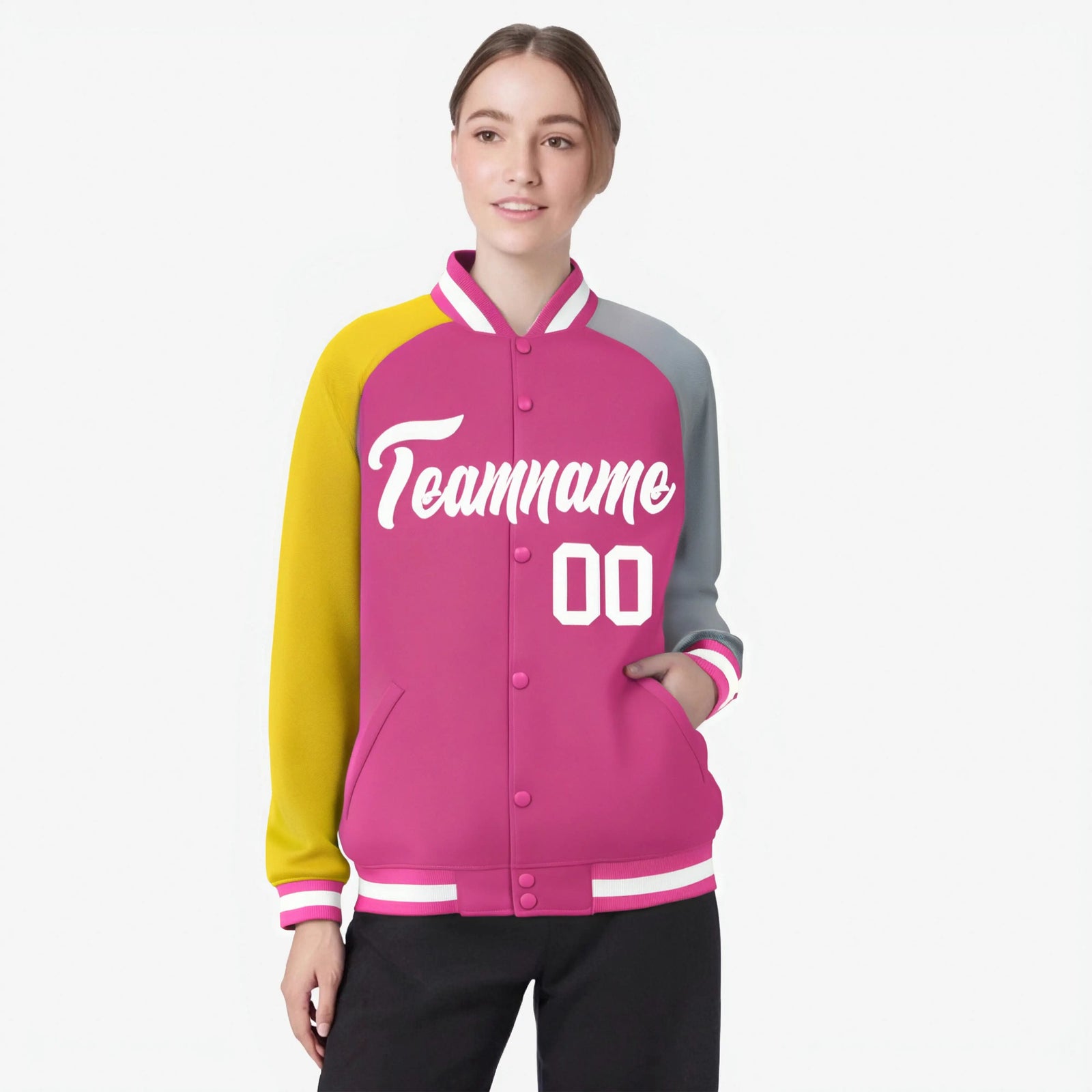 Custom Pink Gray-Gold Raglan Sleeves Varsity Full-Snap Letterman Jacket