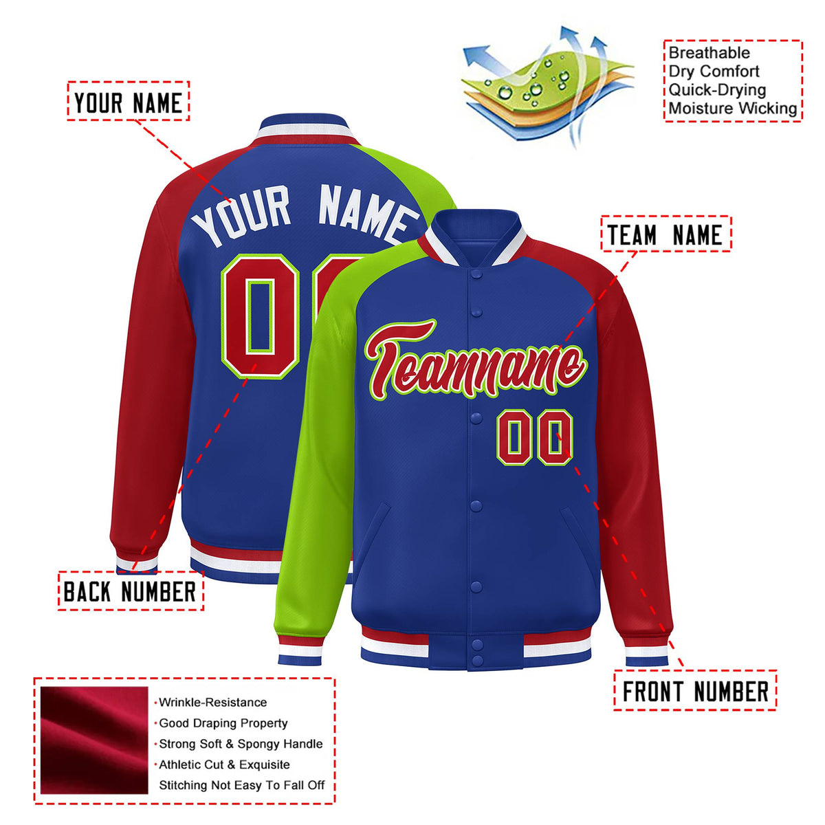 Custom Royal Blue Red-Neon Green Raglan Sleeves Varsity Full-Snap Letterman Jacket