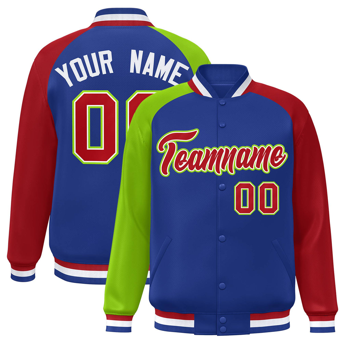 Custom Royal Blue Red-Neon Green Raglan Sleeves Varsity Full-Snap Letterman Jacket