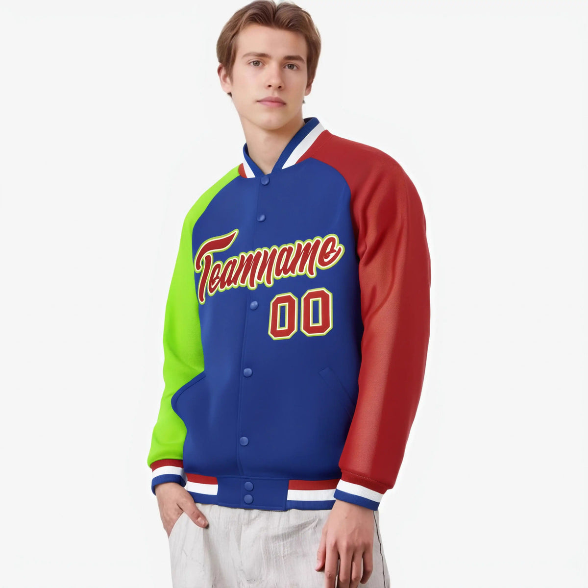 Custom Royal Blue Red-Neon Green Raglan Sleeves Varsity Full-Snap Letterman Jacket
