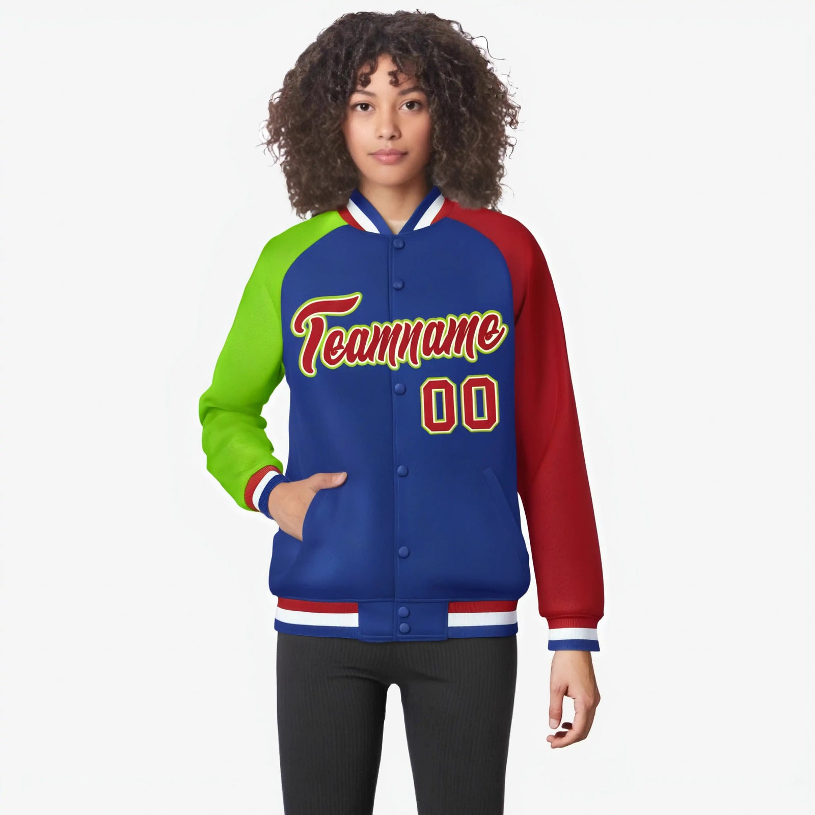 Custom Royal Blue Red-Neon Green Raglan Sleeves Varsity Full-Snap Letterman Jacket
