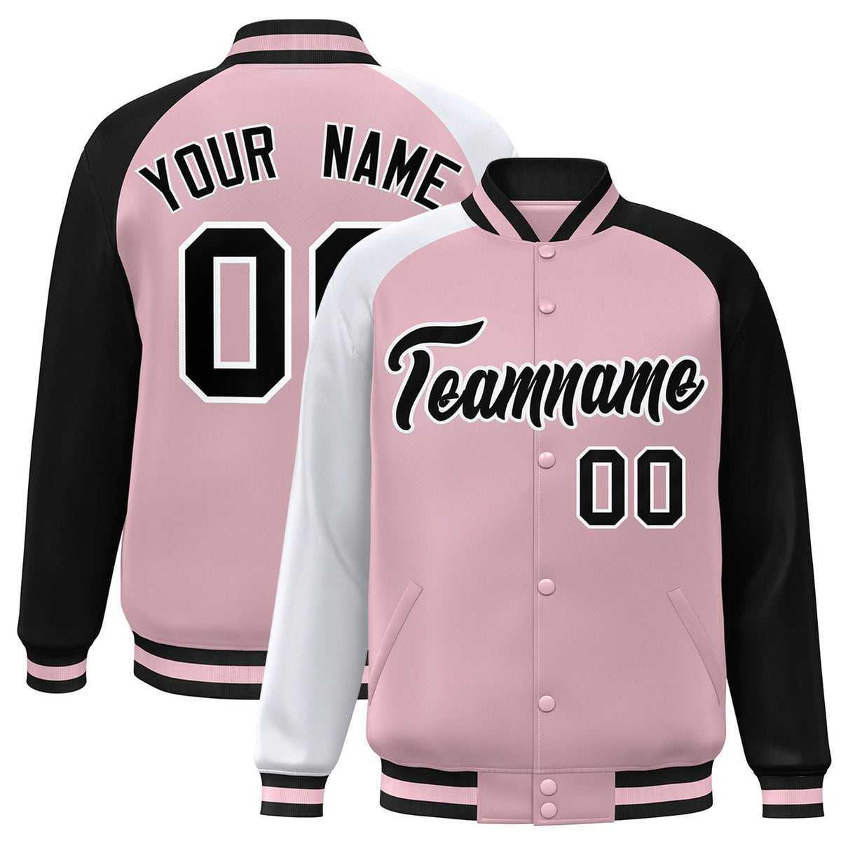 Custom Pink Black-White Raglan Sleeves Varsity Full-Snap Letterman Jacket