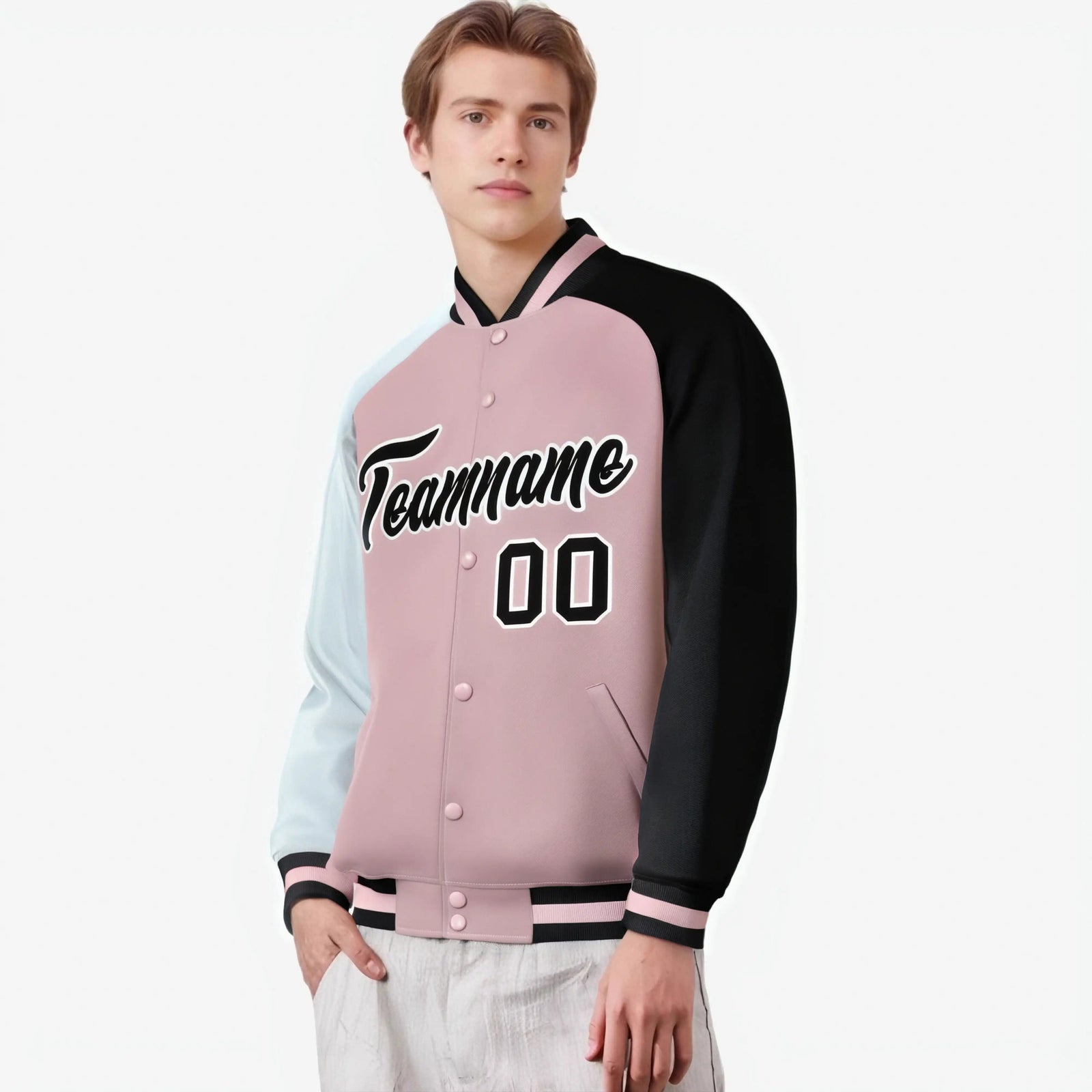 Custom Pink Black-White Raglan Sleeves Varsity Full-Snap Letterman Jacket