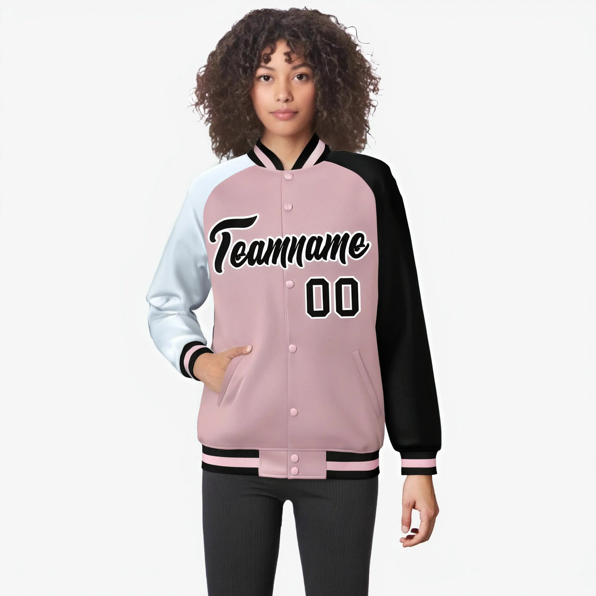 Custom Pink Black-White Raglan Sleeves Varsity Full-Snap Letterman Jacket